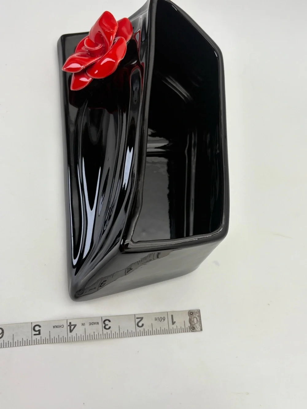Art Deco Style Black Ceramic and Red Rose Lidded Box and Open Container